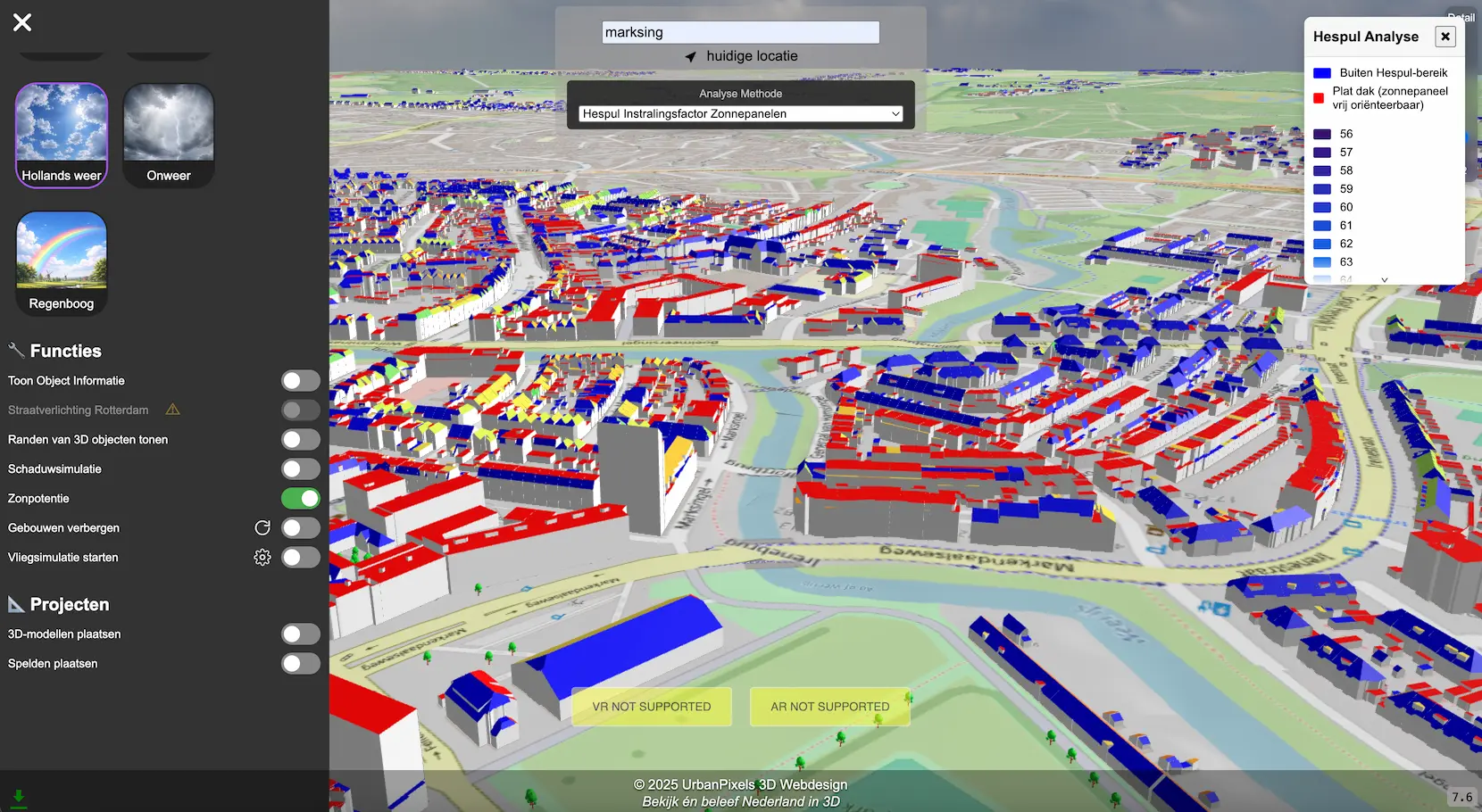 Zonpotentie van dakvlakken weergegeven in 3D